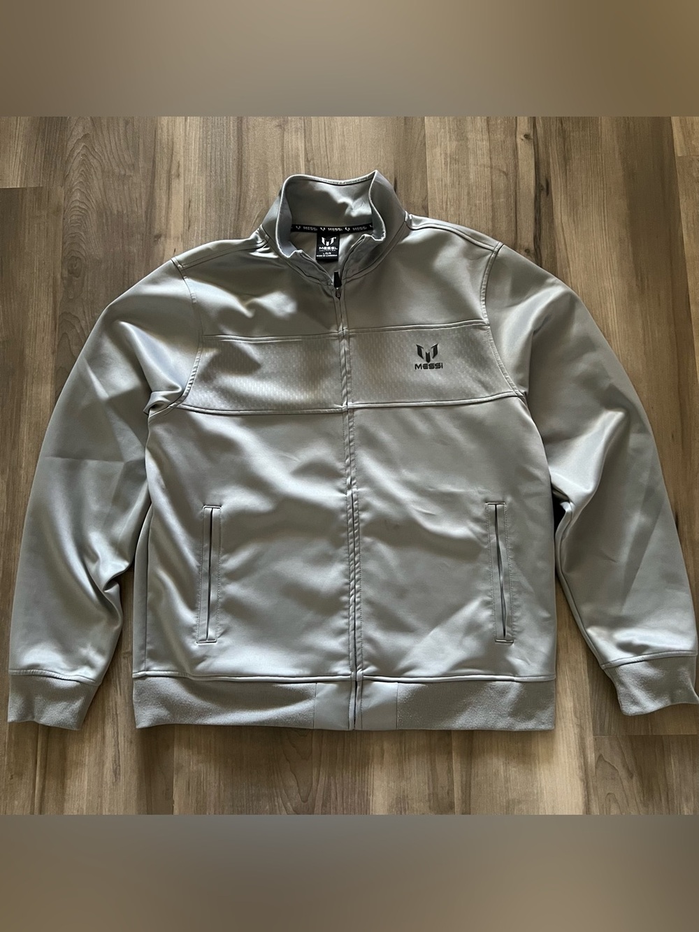 Messi Men's Gray Track Jacket Large Full Zip Stand-Up Collar Pockets Logo